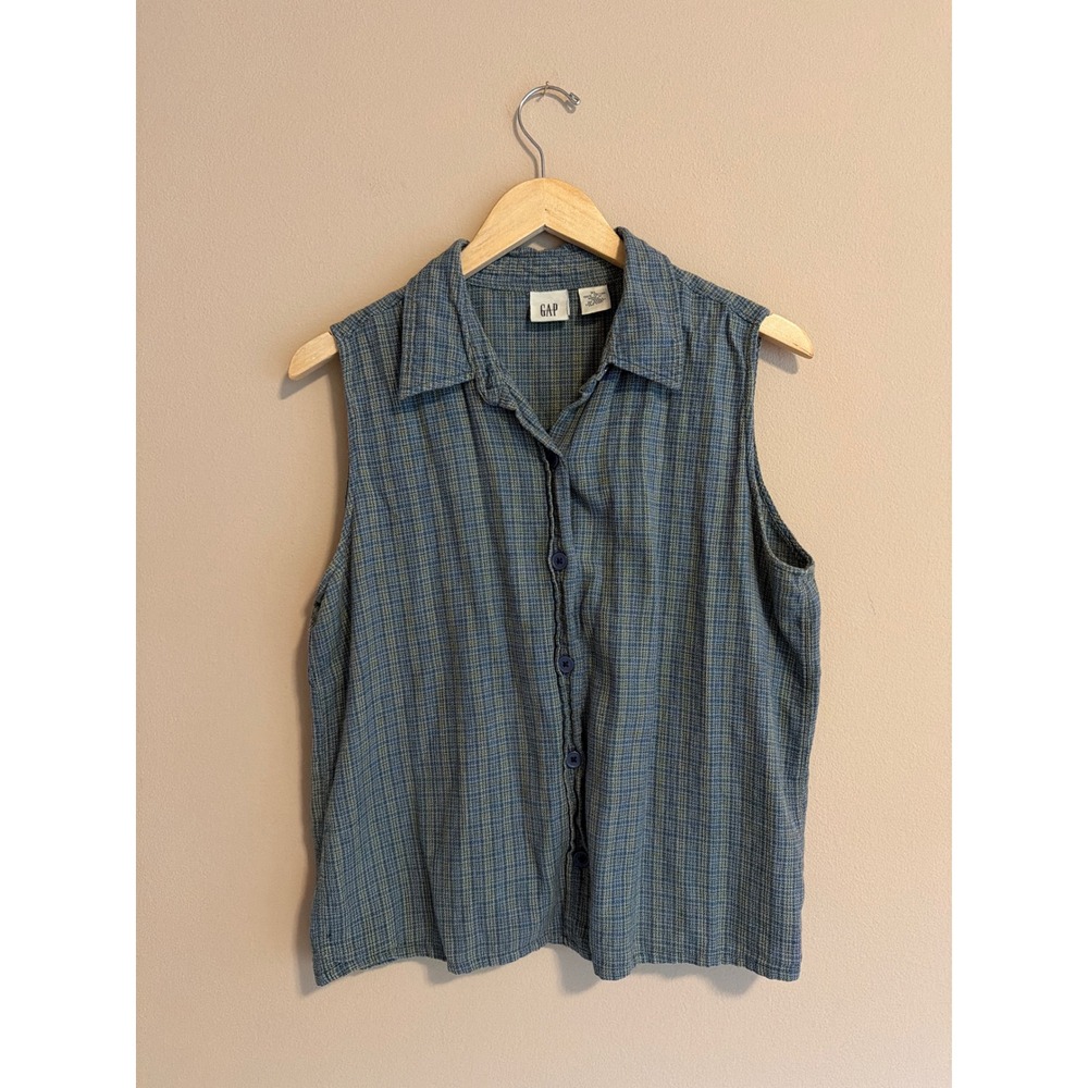 Vintage‎ 100% Cotton Gap Sleeveless Button Down Shirt Blue Green Plaid